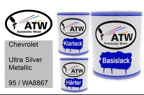 Chevrolet, Ultra Silver Metallic, 95 / WA8867: 1L Lackdose + 1L Klarlack + 500ml Härter - Set, von ATW Autoteile West.